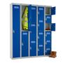Metal lockers with grey carcass and blue doors for storage of PPE workwear