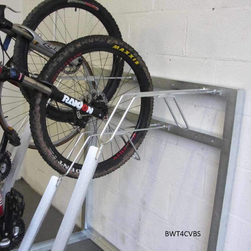 4 Bike Vertical Storage Rack In Use Close Up