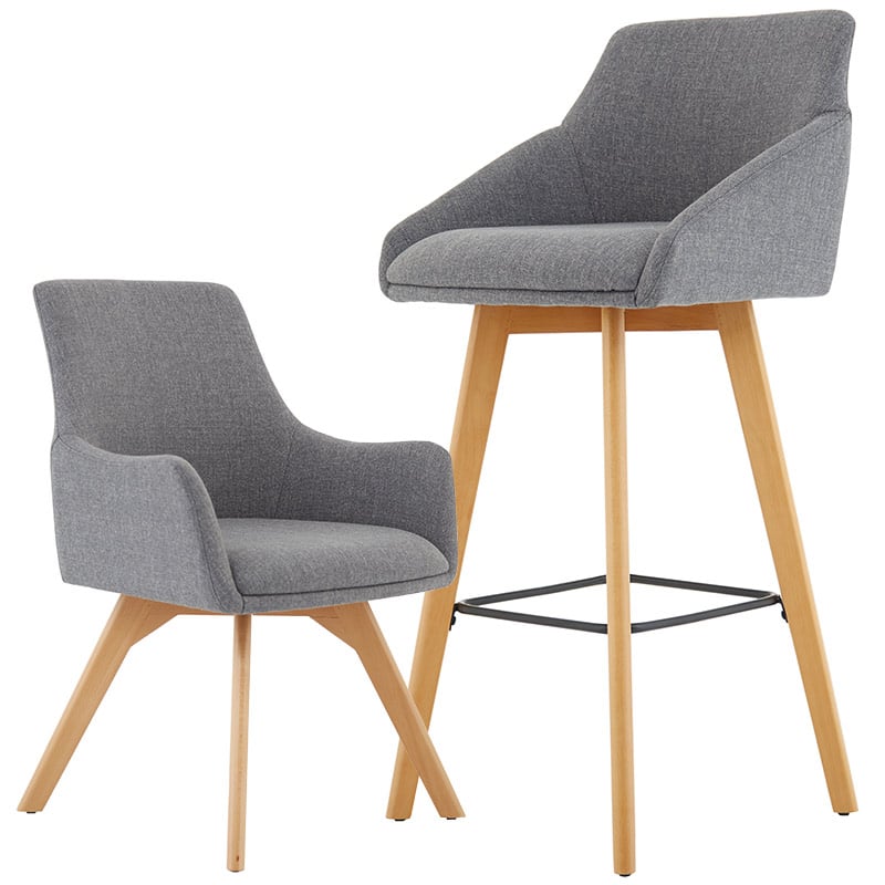 Carmen Grey Fabric Wooden Leg Chair and High Stool