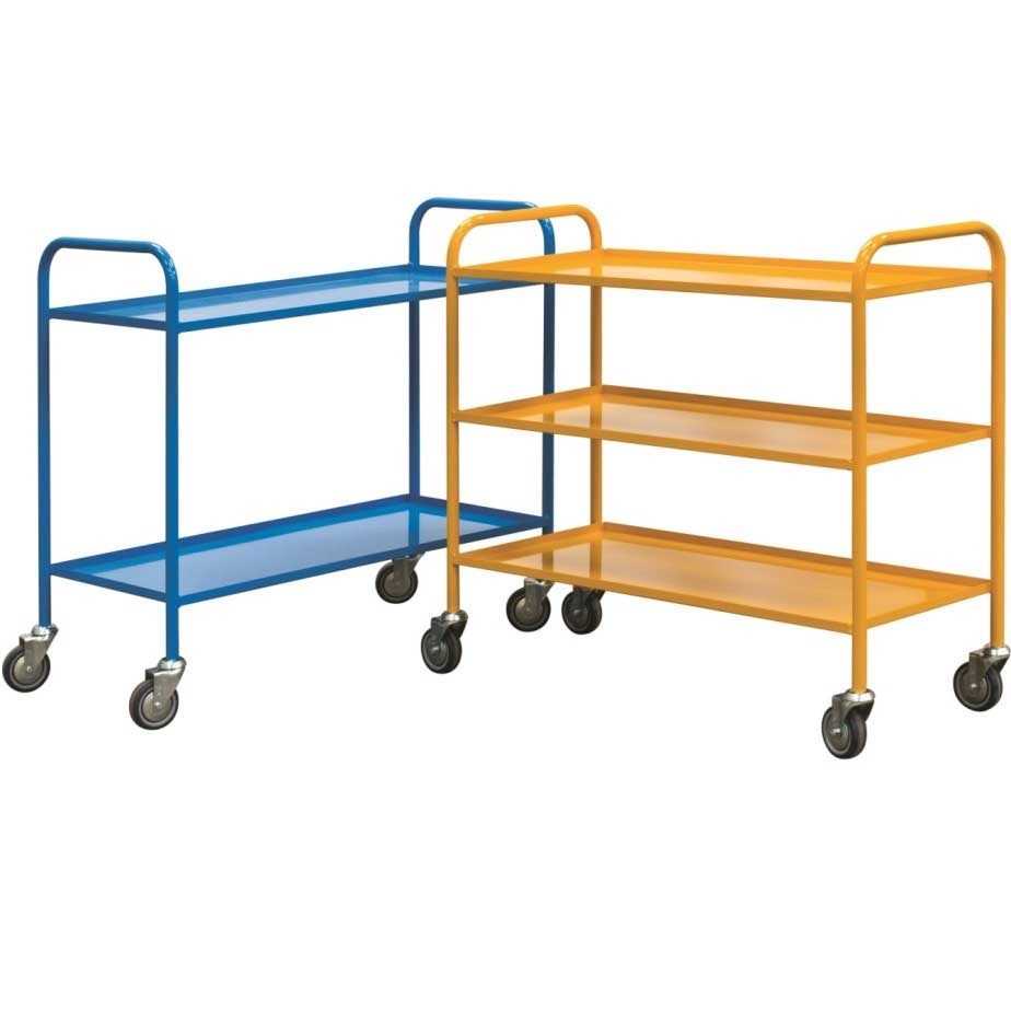 Blue 2-tier and yellow 3-tier light-duty shelf trolleys