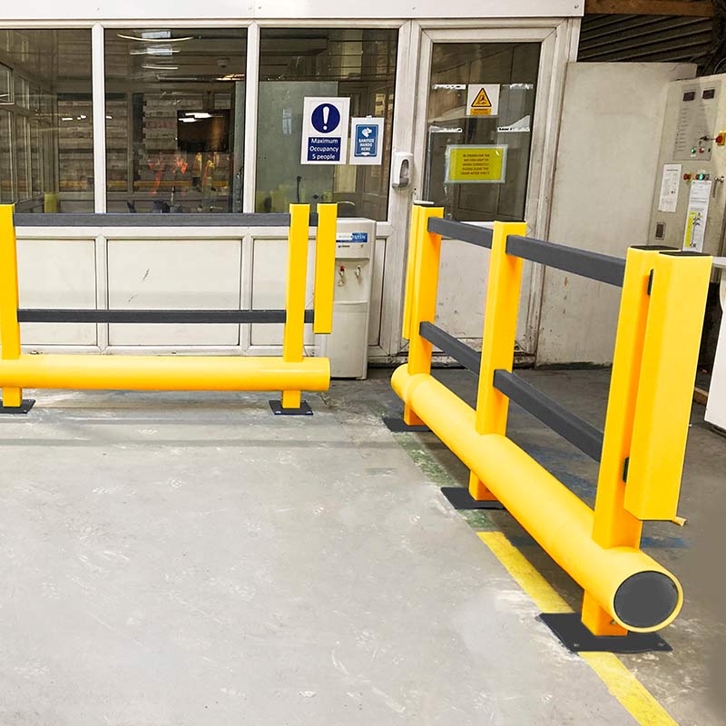 Pedestrian polymer bumper barrier in safety yellow and grey