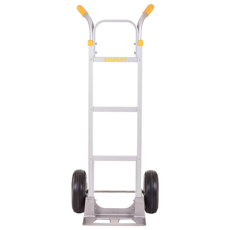 Stanley 200kg aluminium sack truck with pneumatic wheels and yellow trim