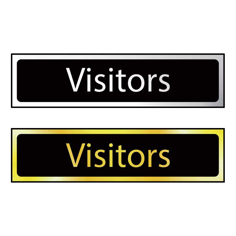 Visitors door signs in polished chrome and polished gold effect laminate - 50 x 200mm