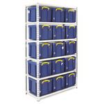 Boltless galvanised shelving unit with 15 blue plastic storage boxes