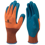 Orange and blue water and heat resistant latex coated safety gloves