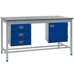 Square tube workbench with laminate top, 3 drawers and cupboard - 250kg capacity
