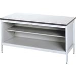 Standing height sorting bench with two bottom shelves