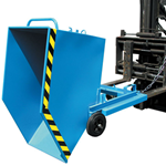 Blue forklift tipping skip with integral wheels