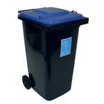 120L wheelie bin with grey body and blue lid with paper recycling label