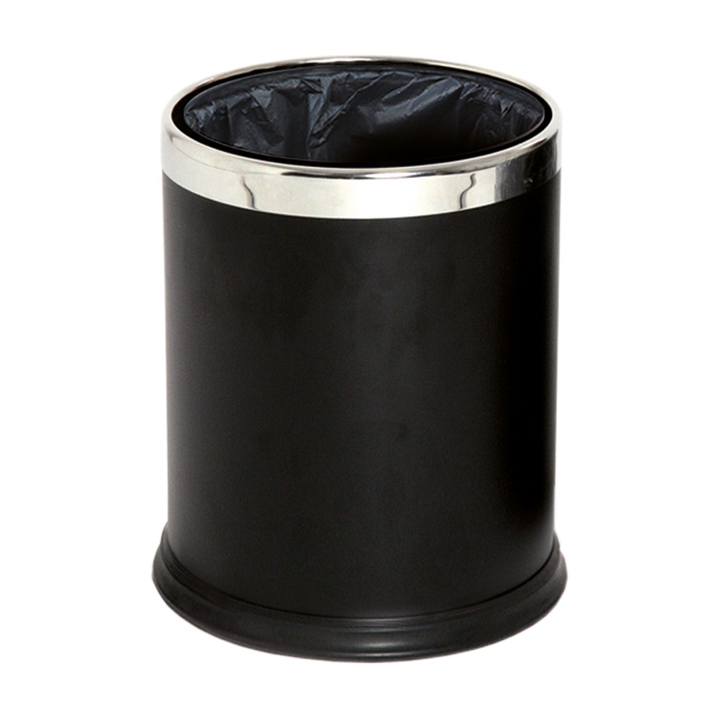 Round Waste Basket 10L - Powder Coated Black & Stainless Steel Ring