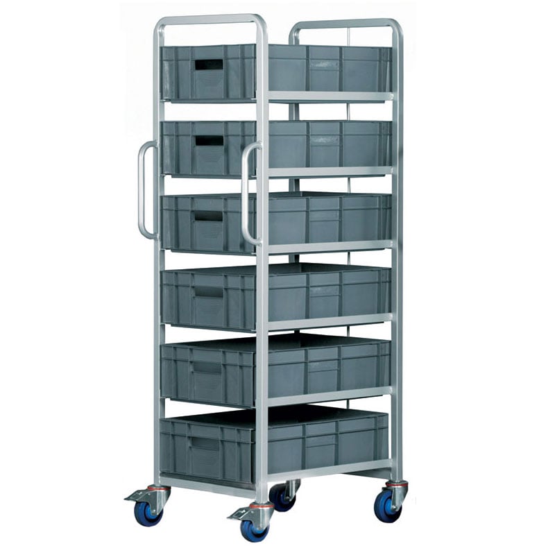Euro Container Tray Trolley / Rack with 6 trays 170h + Braked wheels