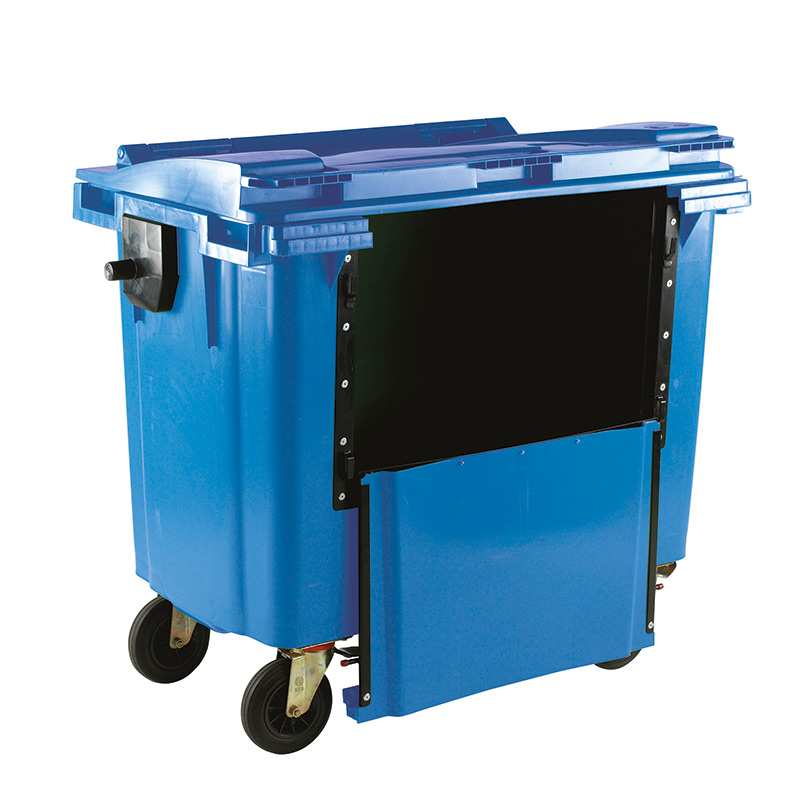 1100L Blue Wheelie Bin With Drop Down Front and Flat Lid - 1450 x 1400 x 1200mm