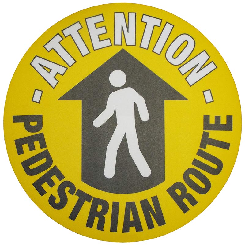 Attention Pedestrian Route Graphic Floor Sign Sticker - 430mm diameter