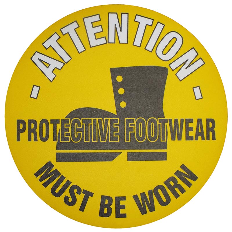 Attention Protective Footwear Must Be Worn - Graphic Floor Sign Sticker - 430mm diameter