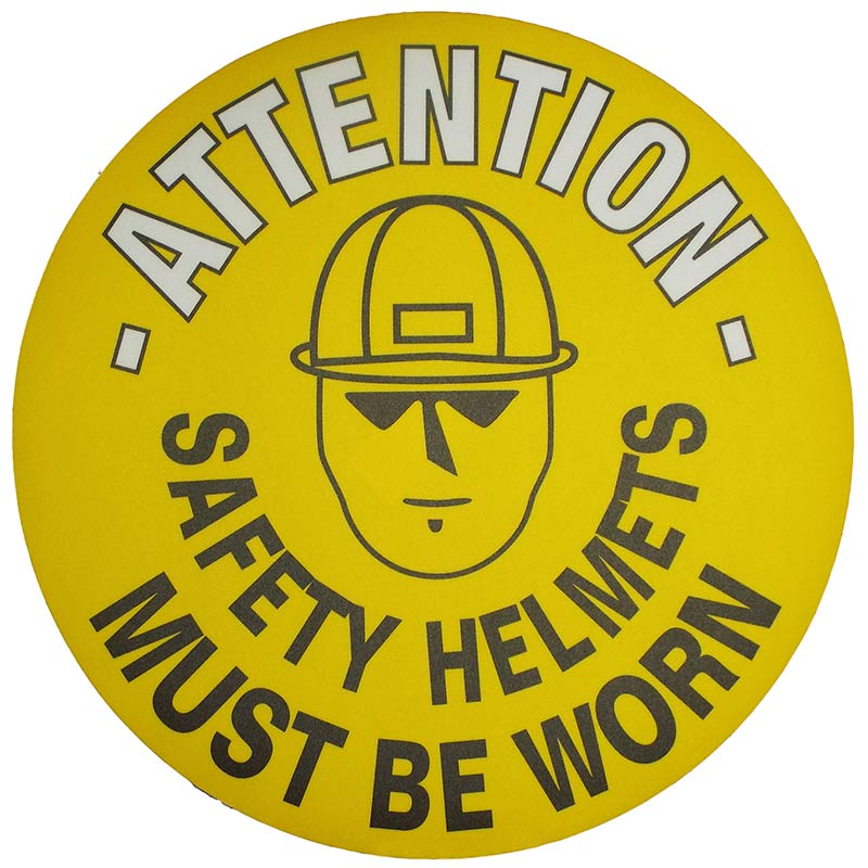 Attention Safety Helmets Must Be Worn - Graphic Floor Sign Sticker - 430mm diameter