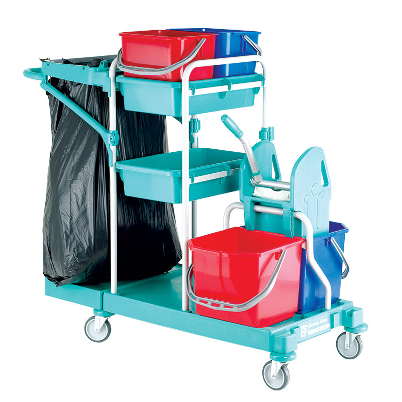Cleaning Trolley with 2 x 15L buckets, 1 wringer and 2 utility buckets