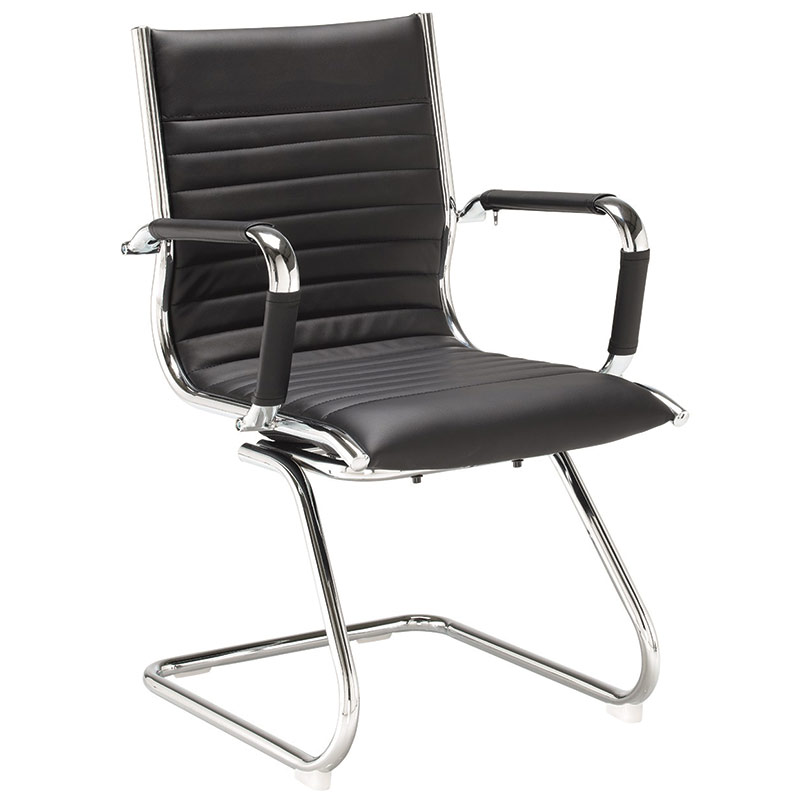 Executive chair with ribbed black leather seat, chrome frame and arms