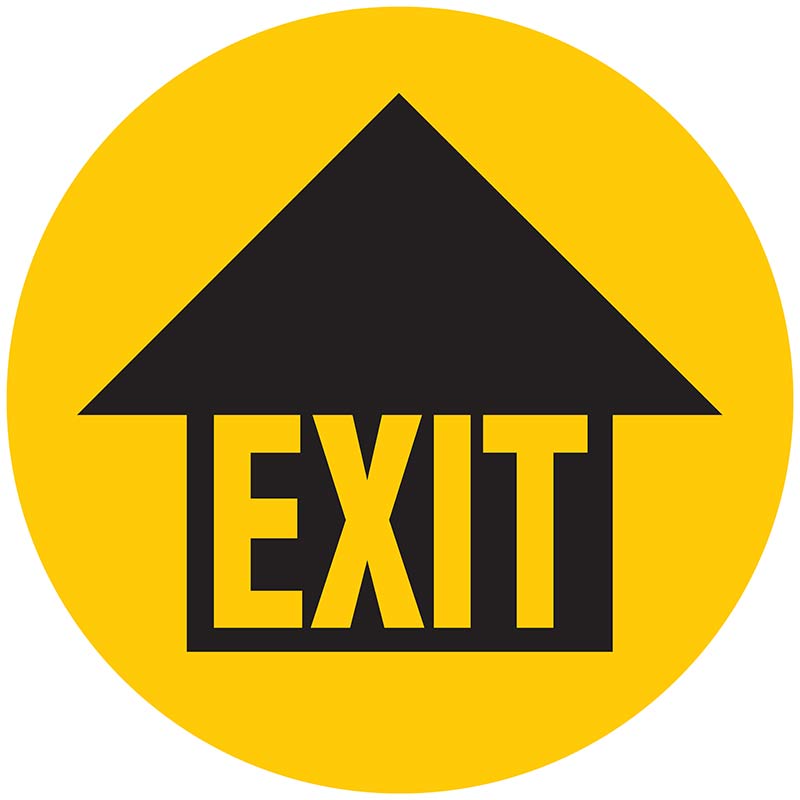 Exit with Black Arrow graphic on yellow background - floor sign sticker - 430mm Diameter