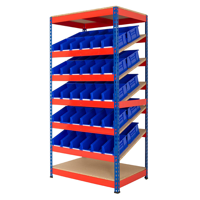 Rivet Racking Kanban Shelving with 60 Plastic Bins, Blue Uprights & Orange Shelves