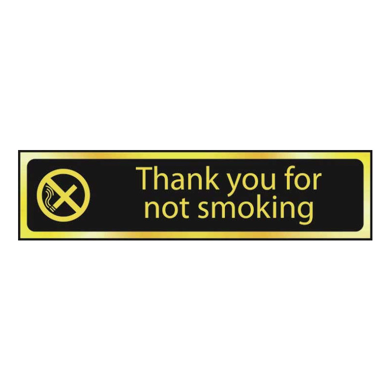 Thank You For Not Smoking - Polished Black & Gold Effect Laminate with Self-Adhesive Backing- 200 x 50mm
