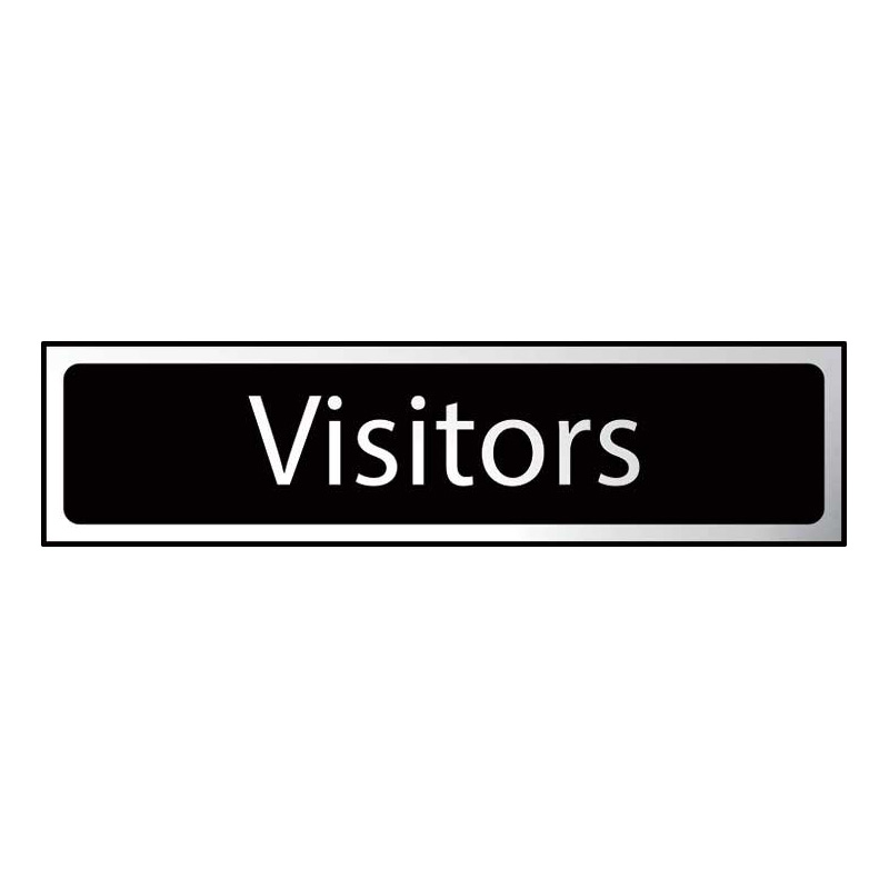 Visitors Sign - Polished Chrome & Black Effect Laminate with Self-Adhesive Backing - 200 x 50mm
