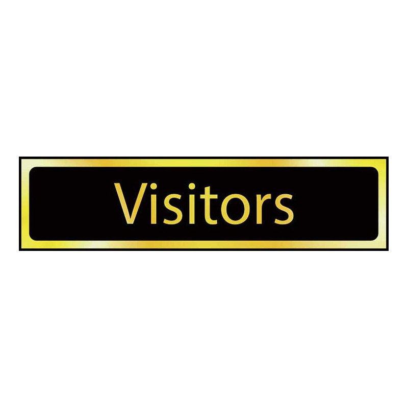 Visitors Sign - Polished Gold & Black Effect Laminate with Self-Adhesive Backing - 200 x 50mm