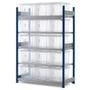 Toprax shelving starter bay with 15 plastic storage boxes