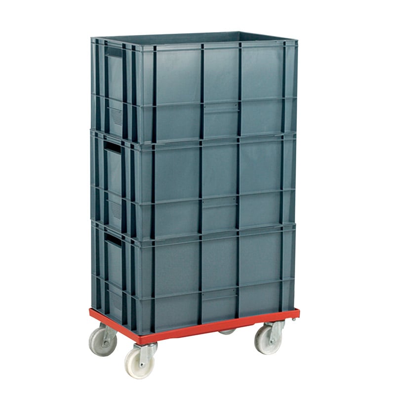 Euro container dolly with extendable handle and three grey Euro containers