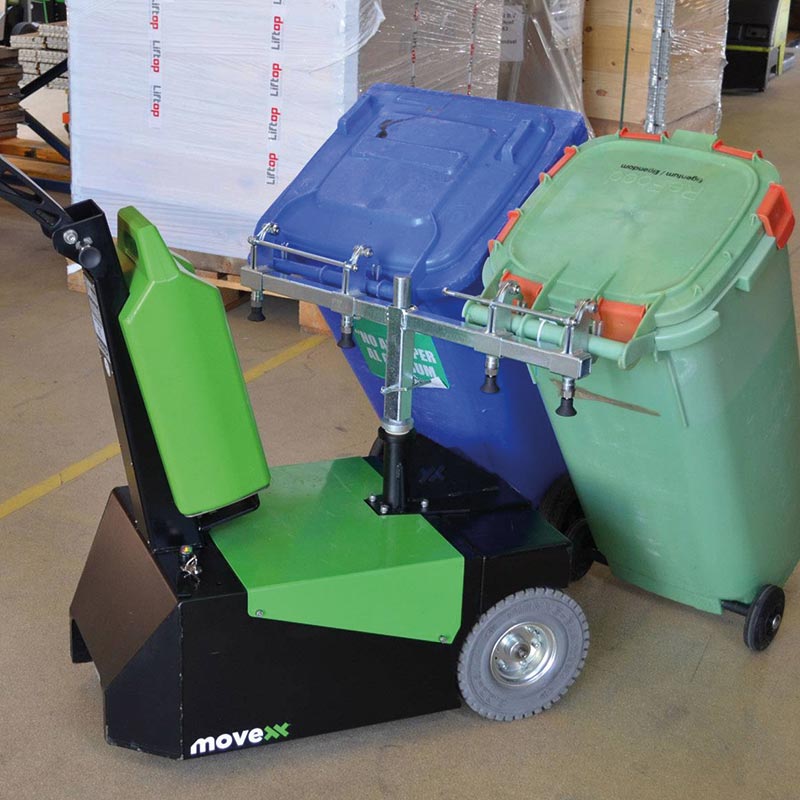 Movexx battery-powered tug with attachment for wheelie bins