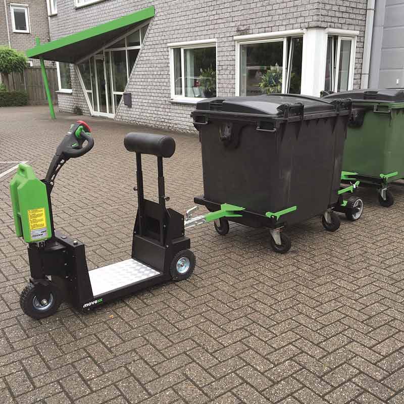 Movexx ride-on tug with wheelie bin trailer