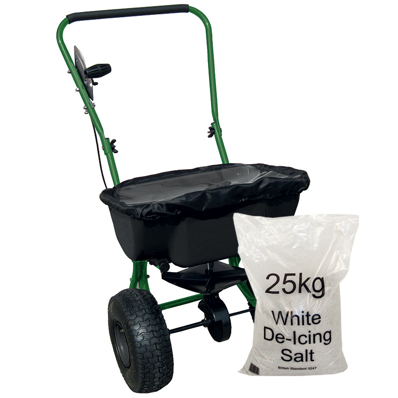 White de-icing salt and spreader bundle