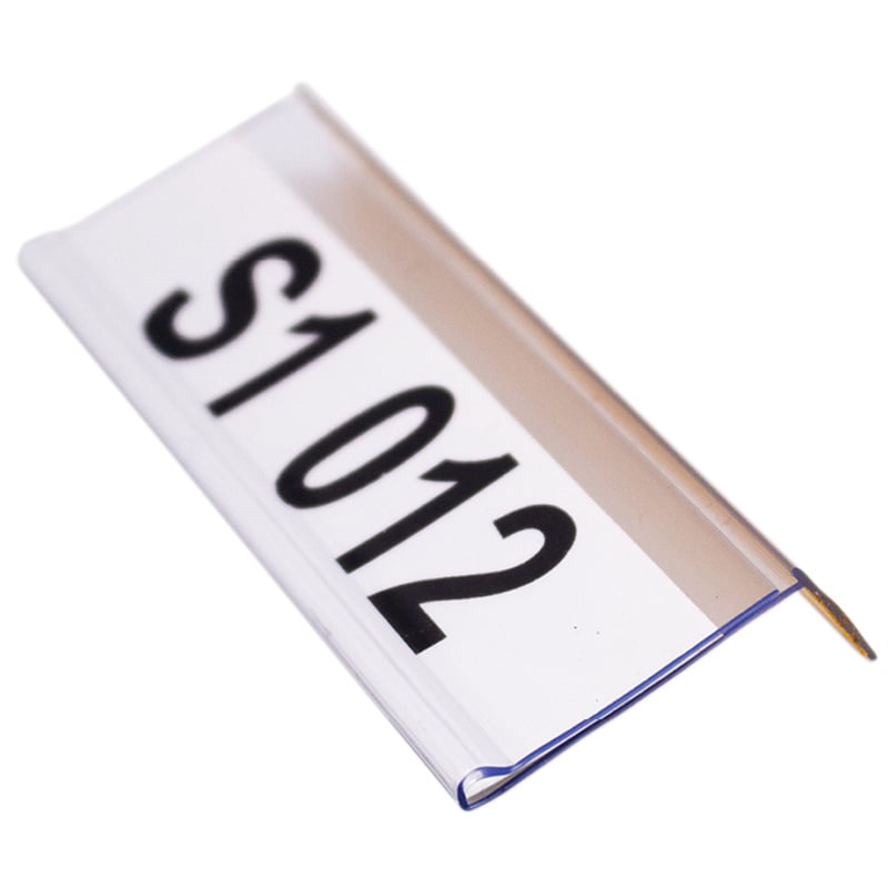 Self-adhesive angled shelf label holder