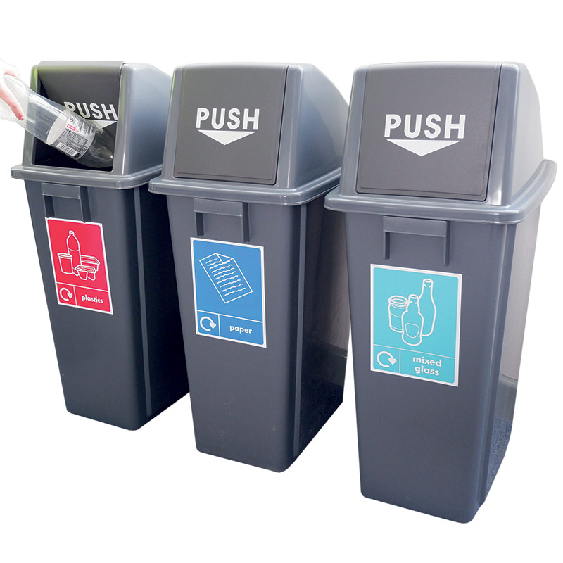 Set of 3 grey plastic recycling bins