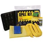 Chemical spill kit with absorbent pads and socks, drip tray, disposal bag and Muckyz wipes