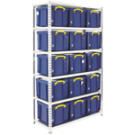 Boltless galvanised shelving unit with 15 blue plastic storage boxes