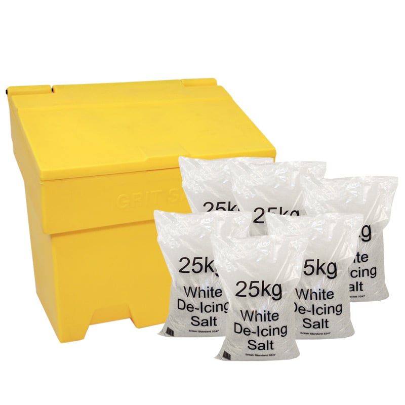 170L Stackable Yellow Grit Bin & 6 x 25kg Bags of White De-icing Salt 