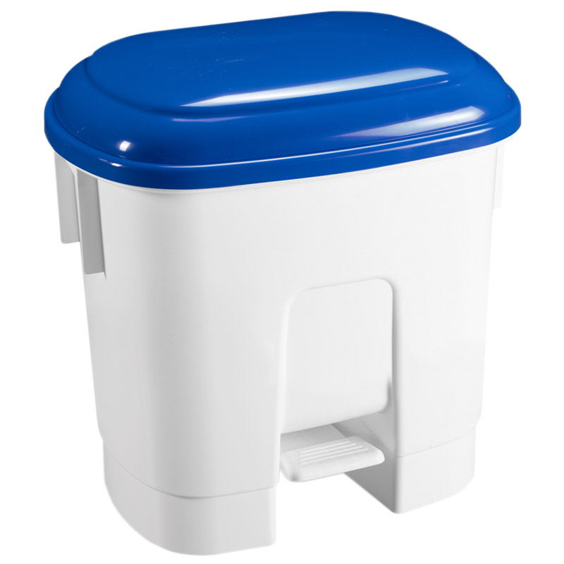 30L White Plastic Pedal Bin - Blue Lid 