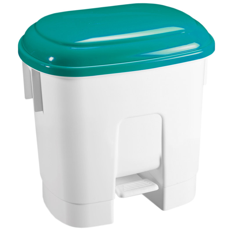 30L White Plastic Pedal Bin - Green Lid 