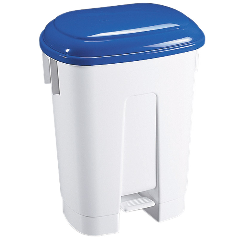 60L White Plastic Pedal Bin - Blue Lid 