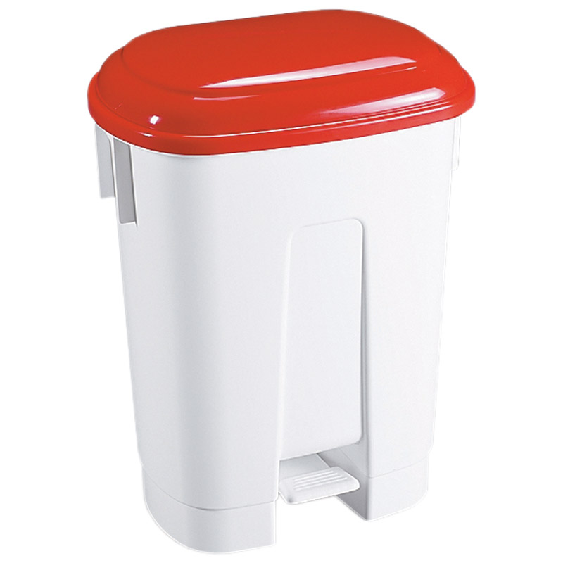 60L White Plastic Pedal Bin - Red Lid 