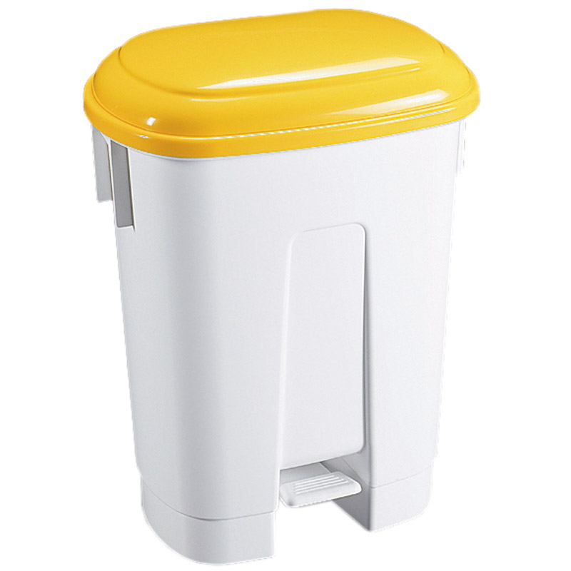 60L White Plastic Pedal Bin - Yellow Lid 