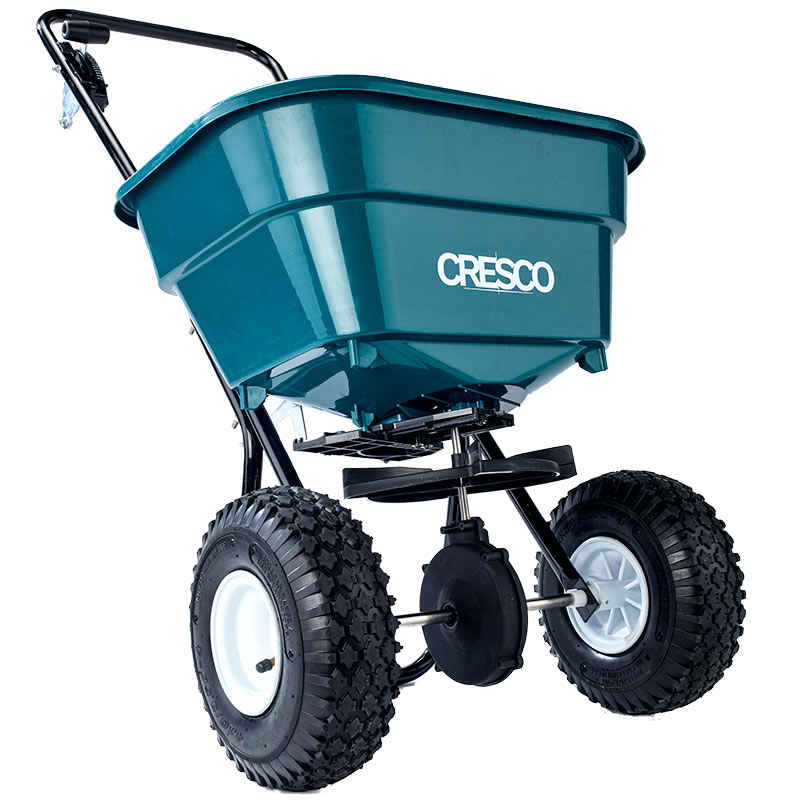 Cresco 36kg Spreader for All Seasons - 1.5-3m spread - Green hopper - Pneumatic wheels 