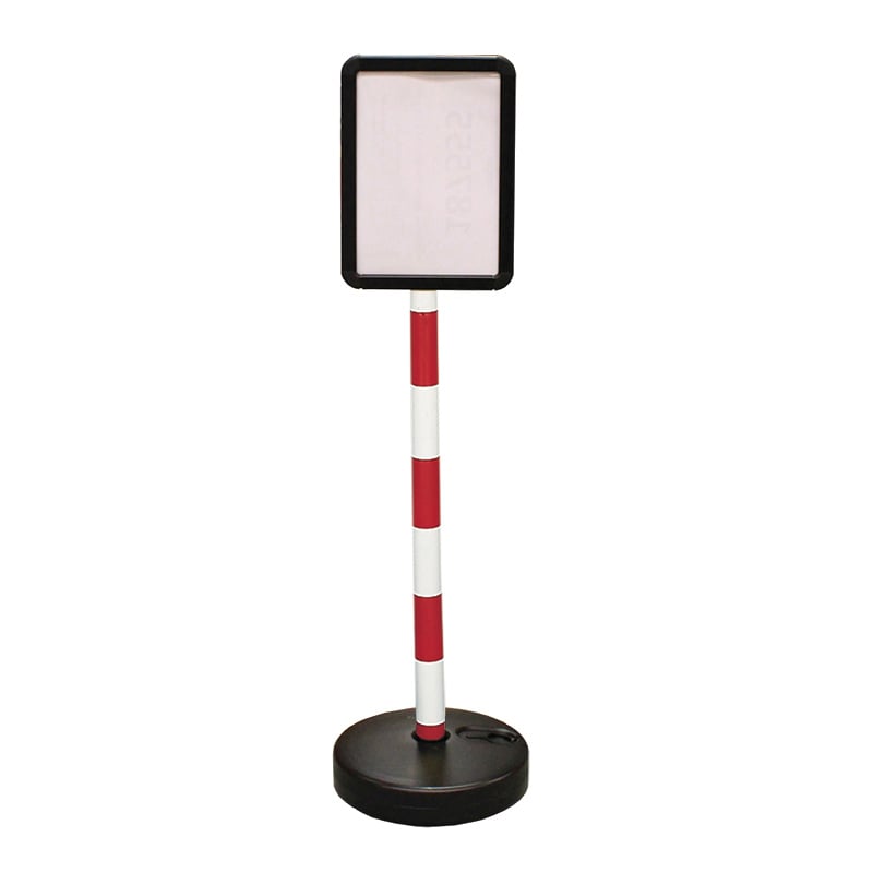 Plastic post with A4 sign holder - fillable circular base, red & white