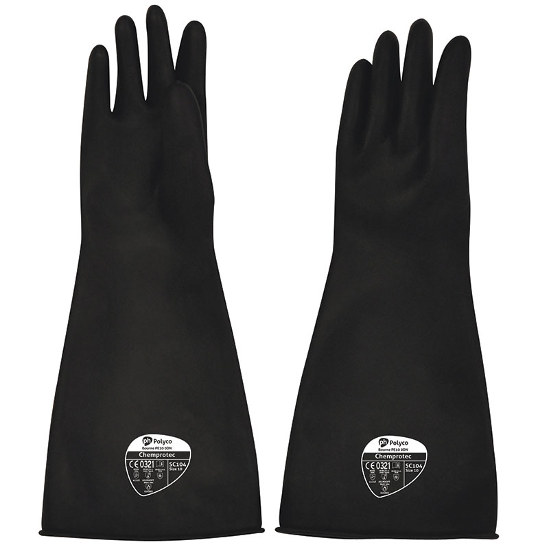 Polyco Black Chemical Resistant Rubber Gloves - Size 9 Large - Forearm Coverage