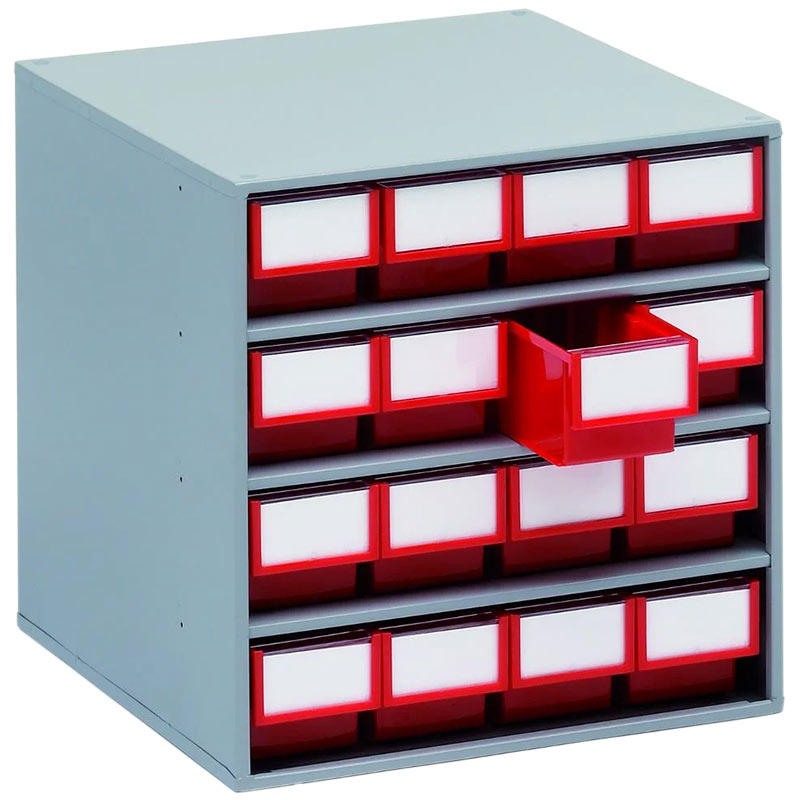 Small Parts Bin Cabinet - 395 x 400 x 400mm with 16 Red Bins - 82 x 92 x 400mm