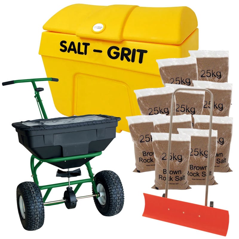 Winter Ice & Snow Clearance Kit - 57kg Spreader - Snow Plough - 200L Grit Bin -10 x 25kg Brown Rock Salt 