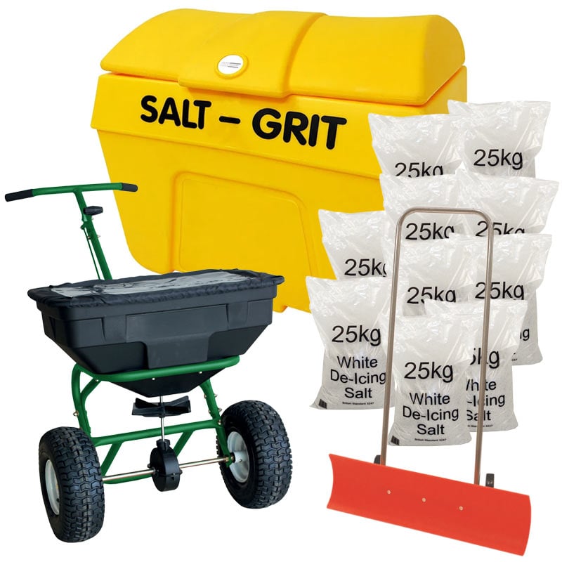 Winter Ice & Snow Clearance Kit - 57kg Spreader - Snow Plough - 200L Grit Bin -10 x 25kg White De-Icing Salt 